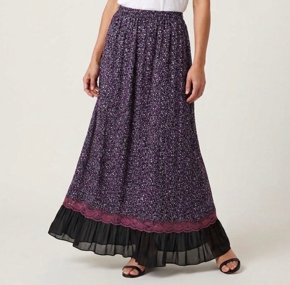 April Cornell Vintage Floral Maxi Skirt Tagged Small Fits Large / XL Lace Trim